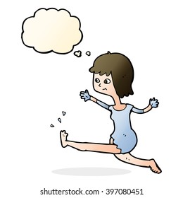 cartoon happy woman kicking with thought bubble