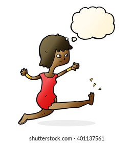 cartoon happy woman kicking with thought bubble