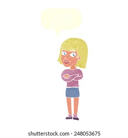 cartoon happy woman looking over with speech bubble