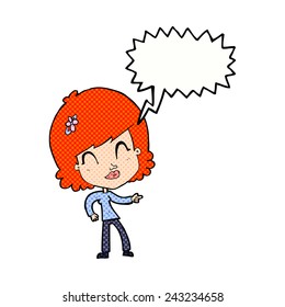 cartoon happy woman pointing with speech bubble