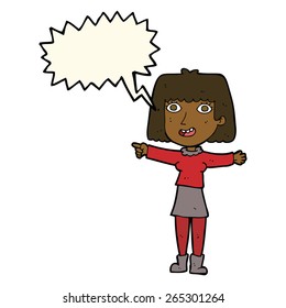 cartoon happy woman pointing with speech bubble