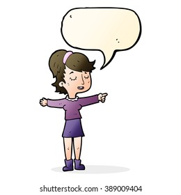 cartoon happy woman pointing with speech bubble