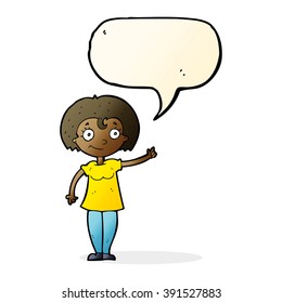 cartoon happy woman pointing with speech bubble