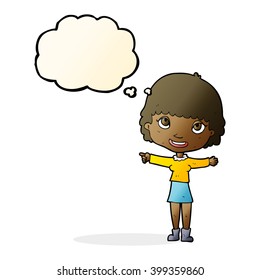 cartoon happy woman pointing with thought bubble