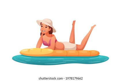 Cartoon happy woman relaxing on air bed vector illustration
