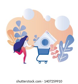 Cartoon Happy Woman Running Holding Shopping Cart with Washing Machine Grand Sale Promotional Banner Vector Floral Flat Illustration Household Appliances Discount Advertising Black Friday Consumerism