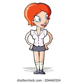 cartoon happy woman in short skirt