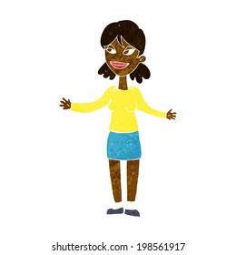 cartoon happy woman shrugging shoulders