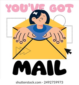 Cartoon happy woman sitting in an envelope, mail, postal service, e-mail concept. Flat character design. Vector illustration