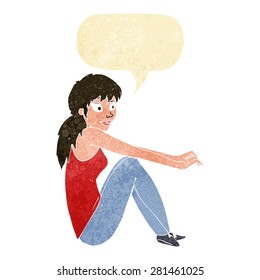 cartoon happy woman sitting with speech bubble