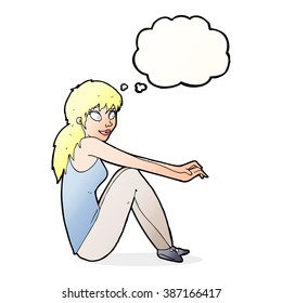 cartoon happy woman sitting with thought bubble