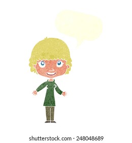 cartoon happy woman with speech bubble
