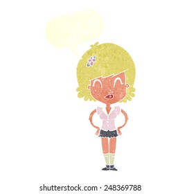 cartoon happy woman with speech bubble