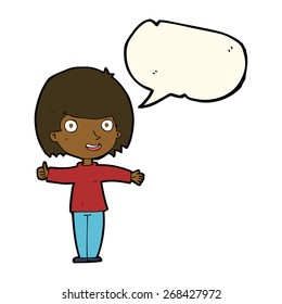cartoon happy woman with speech bubble