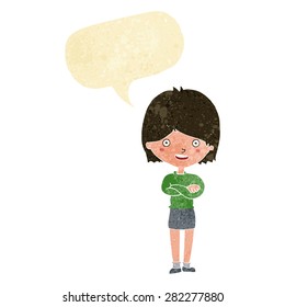 cartoon happy woman with speech bubble