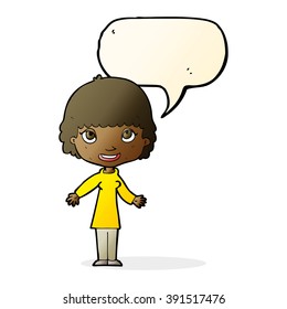 cartoon happy woman with speech bubble