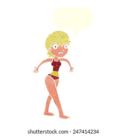 cartoon happy woman in swimming costume with speech bubble