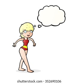 cartoon happy woman in swimming costume with thought bubble