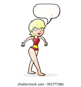 cartoon happy woman in swimming costume with speech bubble