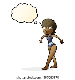 cartoon happy woman in swimming costume with thought bubble