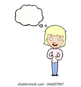 cartoon happy woman with thought bubble