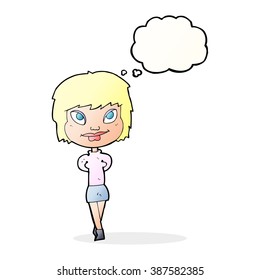 cartoon happy woman with thought bubble