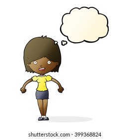 cartoon happy woman with thought bubble