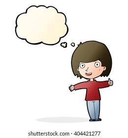 cartoon happy woman with thought bubble