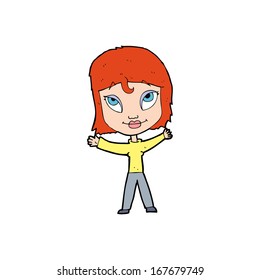 cartoon happy woman waving arms