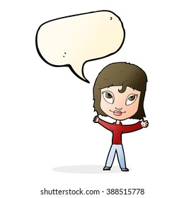 cartoon happy woman waving arms with speech bubble