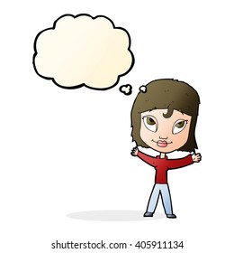 cartoon happy woman waving arms with thought bubble