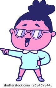 cartoon happy woman wearing spectacles in bright neon colors