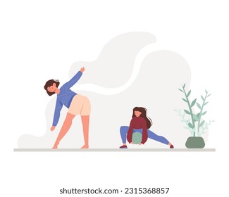 Cartoon happy women doing morning exercises. Healthy and active lifestyle. Regular physical activity. Vector flat style illustration on white background
