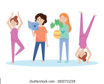 cartoon happy women standing doing yoga, reading a book and holding a plant over white background, colorful design, vector illustration