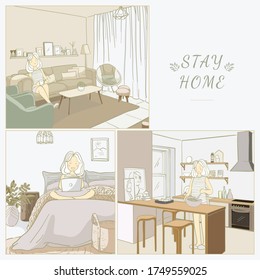 Cartoon happy women stay at home vector illustration. Stop coronavirus.