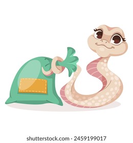 A cartoon of a happy worm with a bow on its neck, holding a green bag, on a plain background, depicting a friendly character. Vector illustration