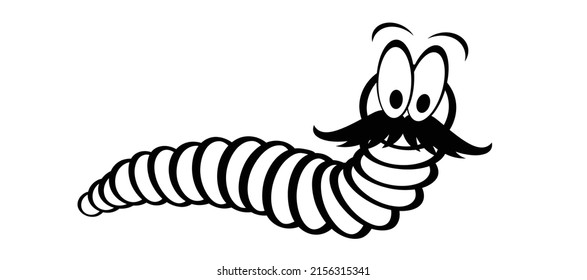 Cartoon happy worm with moustache or beard. crawling worm. Vector crawl or creep earthworm. Worms, insect with cute face and big eyes, earth worm mascot. creeping insects. Wildlife. Fish, bird food.