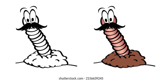 Cartoon happy worm with moustache or beard in the ground. crawling worm. Vector crawl or creep earthworm on bottom. Creeping worms, insect with cute face, eyes, earth worm mascot. Fish, bird food.