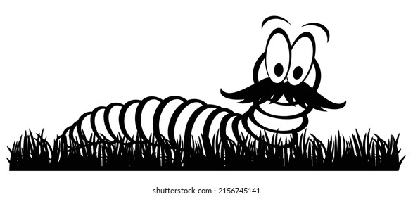 Cartoon happy worm with moustache or beard in grass. crawling worm. Vector crawl or creep earthworm. Worms, insect with cute face and big eyes, earth worm mascot. creeping insects. Fish, bird food.