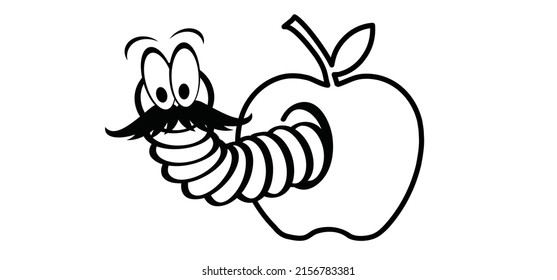 Cartoon happy worm with moustache or beard coming out of an apple. crawling worm. Vector crawl or creep earthworm. Worms, insect with cute face and big eyes, earth worm mascot. creeping insects. 