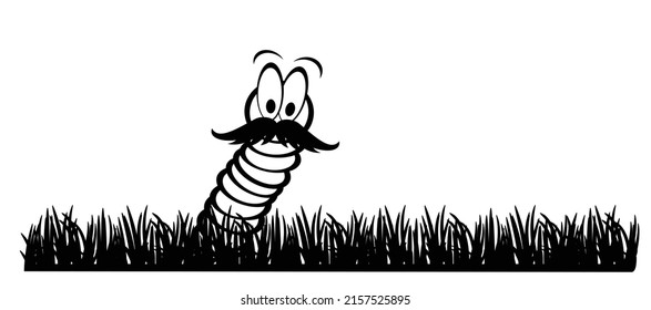 Cartoon happy worm with moustache or beard in grass. crawling worm. Vector crawl or creep earthworm. Worms, insect with cute face and big eyes, earth worm mascot. creeping insects. Fish, bird food.