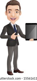 Cartoon happy young businessman holding a tablet