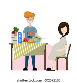 Cartoon happy young family vector illustration. Smiling pregnant woman and her husband. Maternity and care character symbols. Eating healthy food and salads.