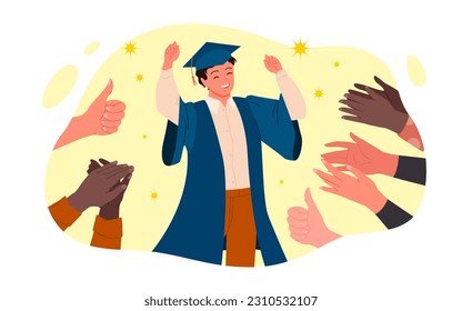 Cartoon glückliche junge Mann in akademischen Gewand und Mütze stehen auf Graduierung Zeremonie, Applaus und gratuliert Gesten von Gruppe der Menschen zu Studierenden. Handklatschen für Graduierte Vektorgrafik