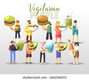 Cartoon happy young men and women holding natural products. Healthy green lifestyle concept. Set of  people on a white background. Vector illustration