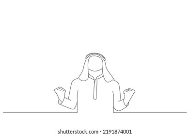 Cartoon of happy young unshaven arab business man doing winner gesture keeping eyes closed. Outline drawing style art
