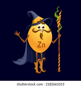 Cartoon happy zinc and zincum micronutrient mage character. Isolated vector Zn wizard warlock nutrient capsule personage wear witch hat, cape holding staff. Funny food supplement, mineral wiz bubble