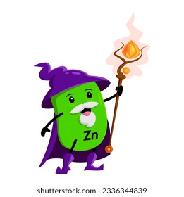 Cartoon happy zinc and zincum mineral micronutrient mage character. Isolated vector Zn wizard warlock nutrient capsule personage wear witch hat, cape holding staff. Funny food supplement wiz bubble