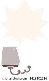 cartoon hard drive with speech bubble in retro style