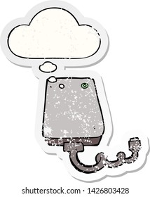 cartoon hard drive with thought bubble as a distressed worn sticker